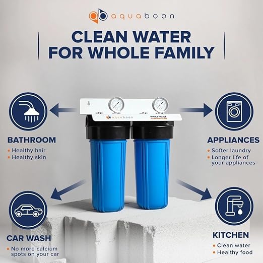 Aquaboon 2-Stage Whole House Water Filter System with 5 Micron 10x4.5 Anti-Scale Reducing Sediment Water Purification and Carbon Chlorine Reduction Filter, Pressure Gauges, Wrench, Bracket