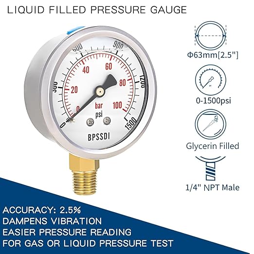 0-1500 Psi Glycerin Liquid Filled Hydraulic Pressure Gauge, 2.5" Dial Size, 1/4" NPT Lower Mount, 304 Stainless Steel Case, for Water Oil Air Gas Pressure Test
