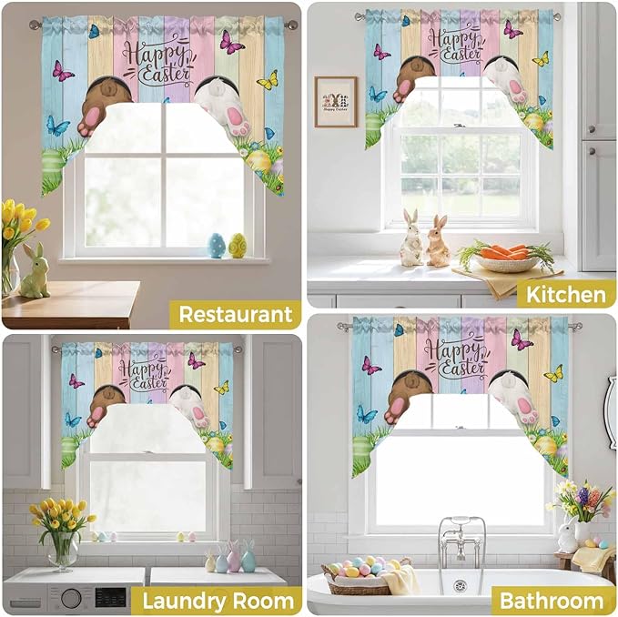 Swag Valance Curtains, Happy Easter Rabbit Butt Egg on Daisy Leaf Rod Pocket Valances Swag Topper for Kitchen Windows, Bufferfly on Wood Barn Light Filtering Short Curtain for Bedroom Bathroom 56x36In