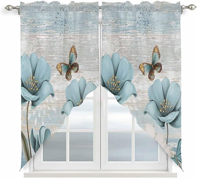 Spring Floral Swag Valances for Windows, Vintage Tulips Flower Butterfly Retro Wood Blue Rod Pocket Kitchen Curtains Valance, Kitchen Window Curtains Swag for Cafe Living Room, 2 Panels, 36x45 inch