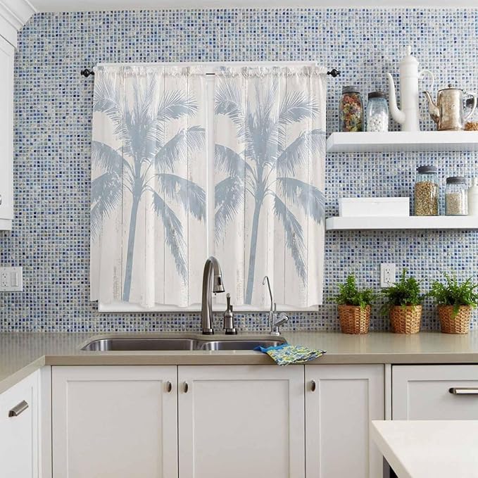 Summer Coconut Tree on Vintage Wood Grain Window Valance Curtains, Seaside Plants Light Filtering Kitchen Valance with 3-inch Rod Pocket for Living Room Bathroom Bedroom,2 Panel,42x63In