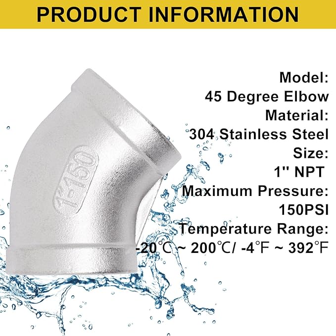 45 Degree Elbow 1PCS, 1" NPT Female x 1" NPT Female 304 Stainless Steel Pipe Fitting, Connector Coupler Apply to Outdoor/Garden/Industrial