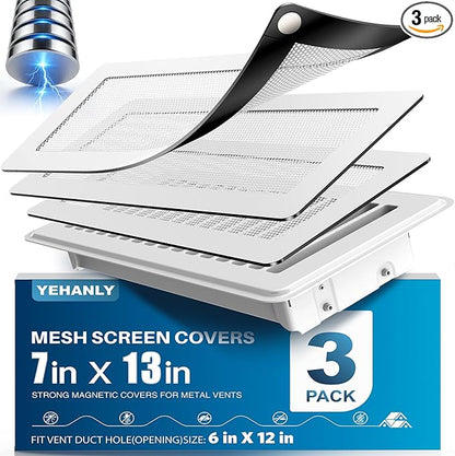 Magnetic Vent Covers with Vent Screen 7x13 Inch, White Mesh Vent Covers for Floor, Wall, Ceiling Air Vents to Block Dust, Pet Hair, Fits Standard HVAC Floor Registers in Home, RV, 3 Pack