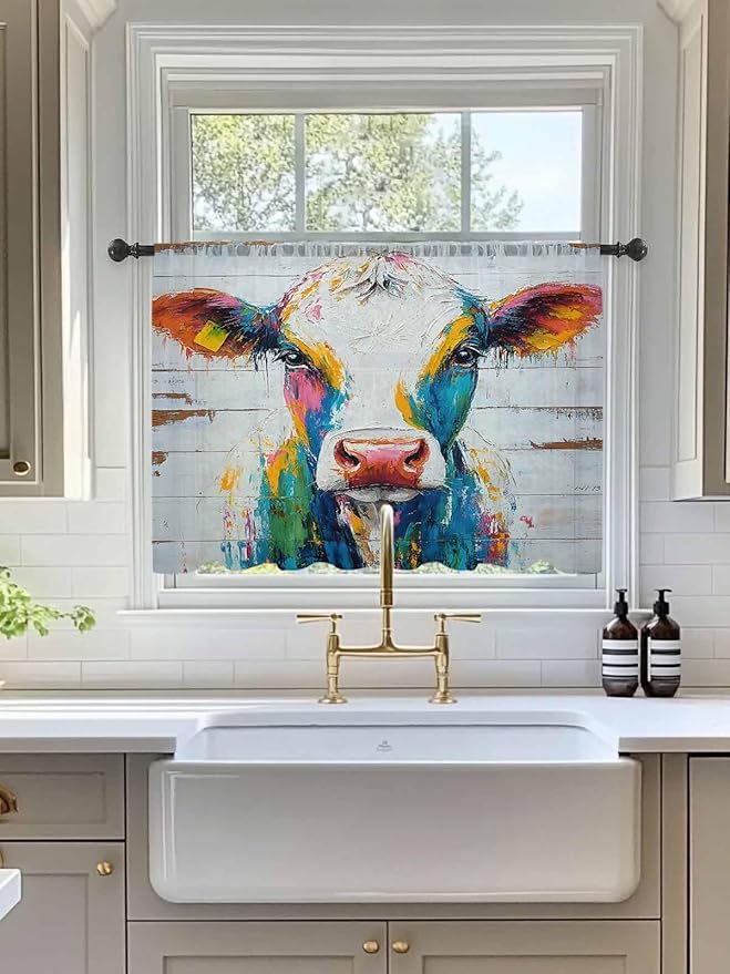 Sheer Curtains 54 Inch Length, Farmhouse Oil Painting Semi Sheer Curtains Light Filtering Window Treatment, Colorful Cow Animal Wooden Grain Privacy Voile Drapes for Living Room Bedroom 52x54 Inch