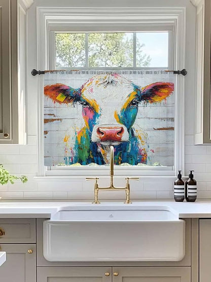 Sheer Curtains 54 Inch Length, Farmhouse Oil Painting Semi Sheer Curtains Light Filtering Window Treatment, Colorful Cow Animal Wooden Grain Privacy Voile Drapes for Living Room Bedroom 52x54 Inch