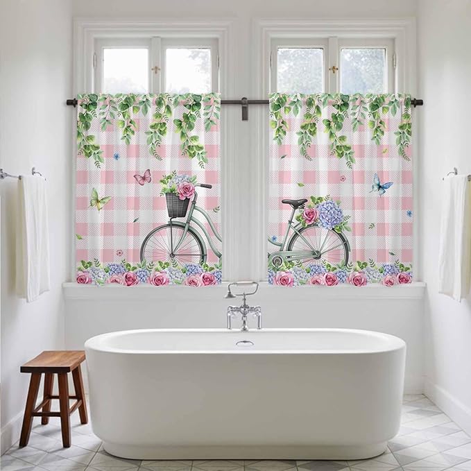 Spring Kitchen Curtains, Bicycles Leaves Butterfly Flowers Pink Buffalo Plaid Light Filtering Window Curtain Panels, 2Pcs Rod Pocket Window Treatments Set for Study Room Bathroom Bedroom 52x54 Inches