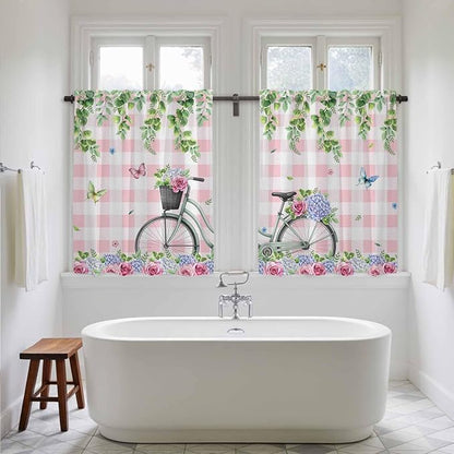 Spring Kitchen Curtains, Bicycles Leaves Butterfly Flowers Pink Buffalo Plaid Light Filtering Window Curtain Panels, 2Pcs Rod Pocket Window Treatments Set for Study Room Bathroom Bedroom 52x54 Inches