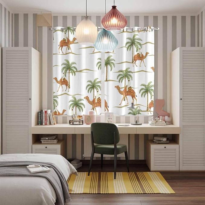 2 Panel Kitchen Cafe Curtains, Desert Camels Sunlight Filtering Nature Air Through, Home Decor Window Covering Tier Curtains for Bedroom Living Room 104W x 84L inch Tropical Date Palm Trees Animal