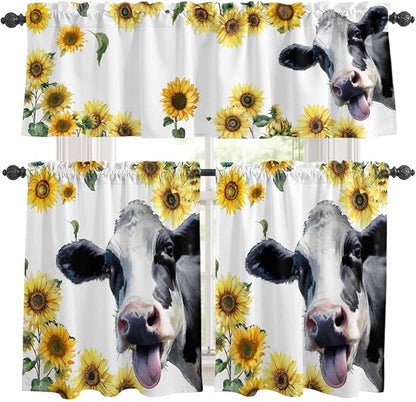 Kitchen Curtains Tiers and Valance Set of 3, Cow Sunflowers Light Filtering Window Curtain Set, Spring Botanical Floral Flowers Animals Rod Pocket Curtain Drapes for Cafe, Living Room, 24 Inches Tiers
