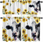 Kitchen Curtains Tiers and Valance Set of 3, Cow Sunflowers Light Filtering Window Curtain Set, Spring Botanical Floral Flowers Animals Rod Pocket Curtain Drapes for Cafe, Living Room, 24 Inches Tiers