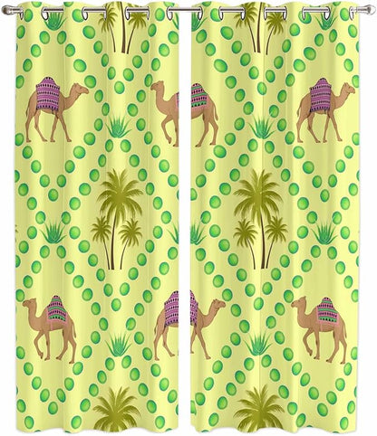 2 Panel Kitchen Cafe Curtains, Desert Sand Camels Sunlight Filtering Nature Air Through, Window Decor Tier Curtains for Living Room 104W x 90L inch Palm Trees Tropical Plants Polka Dot Yellow