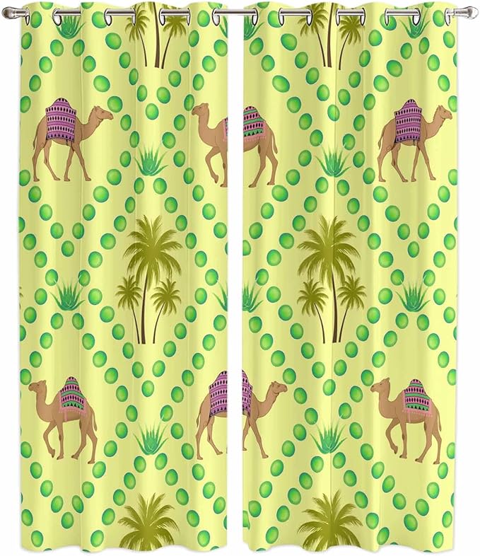 2 Panel Kitchen Cafe Curtains, Desert Sand Camels Sunlight Filtering Nature Air Through, Window Decor Tier Curtains for Living Room 104W x 96L inch Palm Trees Tropical Plants Polka Dot Yellow