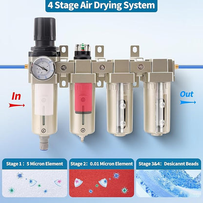 1/2" NPT Industrial Grade 4 Stage Air Compressor Drying System, 0-240 PSI, Particulate & Coalescing Filters, Auto Drain Air Compressor Water Separator System Filter Oil for Paint Spray＆ Plasma Cutter