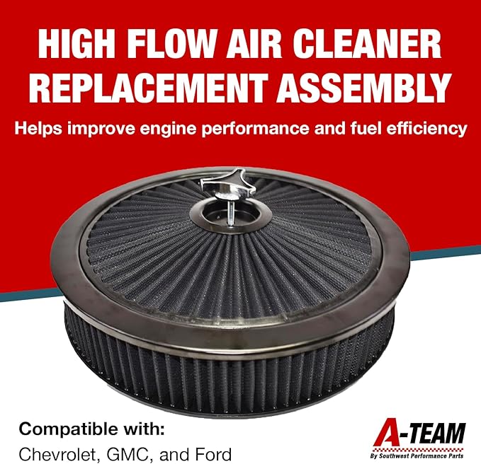 A-Team Performance High Flow Throttle Body Air Intake Filter - 14 in x 3 in, Round, Black - Carburetor Air Filter Kit - Washable & Reusable Design - Compatible with Chevrolet, GMC & Ford Models