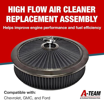 A-Team Performance High Flow Throttle Body Air Intake Filter - 14 in x 3 in, Round, Black - Carburetor Air Filter Kit - Washable & Reusable Design - Compatible with Chevrolet, GMC & Ford Models