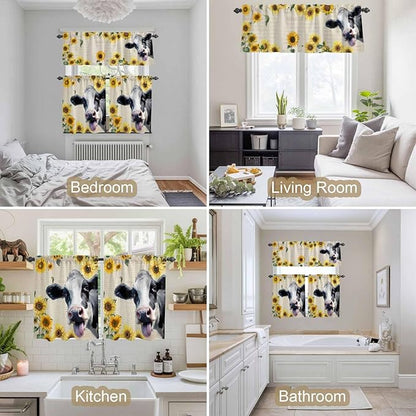 Kitchen Curtains Tiers and Valance Set of 3, Cow Sunflowers Light Filtering Window Curtain Set, Country Vintage Animals Floral Leaves Rod Pocket Curtain Drapes for Cafe, Living Room, 24 Inches Tiers