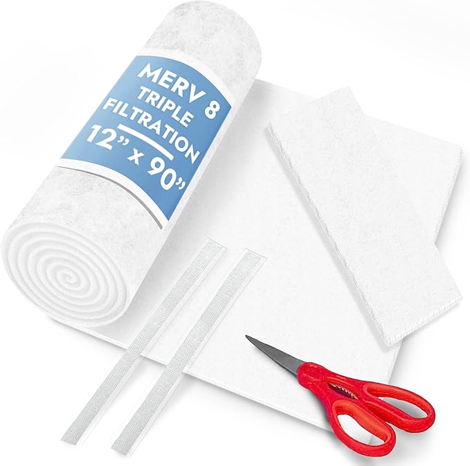 Cut to Size Floor Vent Air Filters for home - MERV 8 Electrostatic Cut to Fit Air Filter Roll & Adhesive Hook Tape (50+ Filters) (12" x 90" Triple Filtration)