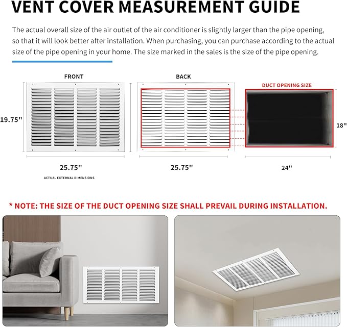 Return Vent Cover 24x18(Duct Opening Size),Air Return Vent Cover,Flat Vent Cover,Rejillas De Aire Acondicionado Para Casa,Return Air Grilles,Outer Dimensions:25.75"Wx19.75"H(24"W x 18"H, Duct Opening)