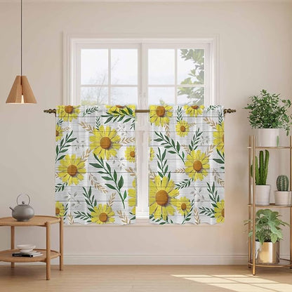 Yellow Daisy Kitchen Curtains, Farmhouse Country Flower Leaf Plant Wood Grain Light Filtering Window Curtain Panels, 2Pcs Rod Pocket Window Treatments Set for Study Room Bathroom Bedroom 52x54 Inches