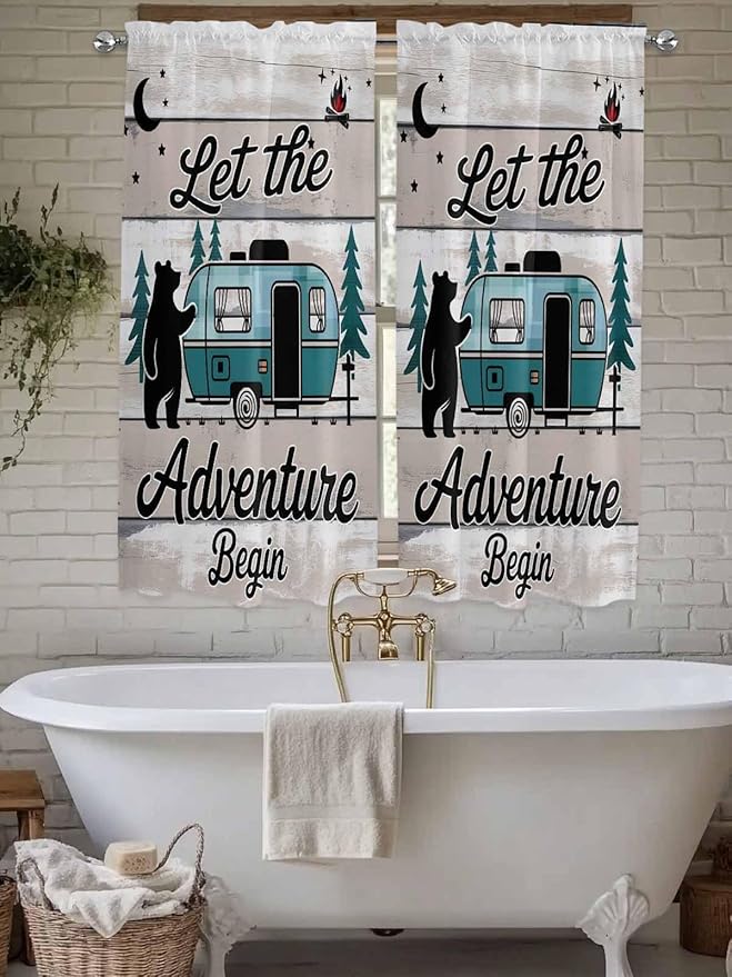 Farmhouse Bear Camper Van Tree Window Valance Curtains, Vintage Wood Grain Light Filtering Kitchen Valance with 3-inch Rod Pocket for Living Room Bathroom Bedroom,2 Panel,52x72In