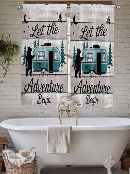 Farmhouse Bear Camper Van Tree Window Valance Curtains, Vintage Wood Grain Light Filtering Kitchen Valance with 3-inch Rod Pocket for Living Room Bathroom Bedroom,2 Panel,52x72In