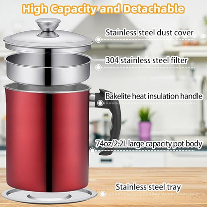 Kaemi 2.2L / 74OZ Bacon Grease Container with Strainer, Red Grease Keeper Can Oil Storage Catcher for Kitchen with Lid and Easy Grip Handle for Storing Meat Frying and Cooking Oil