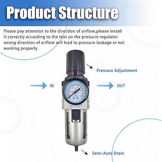 HengMinLingTong 1/2" NPT Compressed Air Filter Regulator Combo Piggyback, 5 Micron Brass Element, Poly Bowl, Auto Drain, Metal Bracket, 0-150 psi Gauge AW4000-04D
