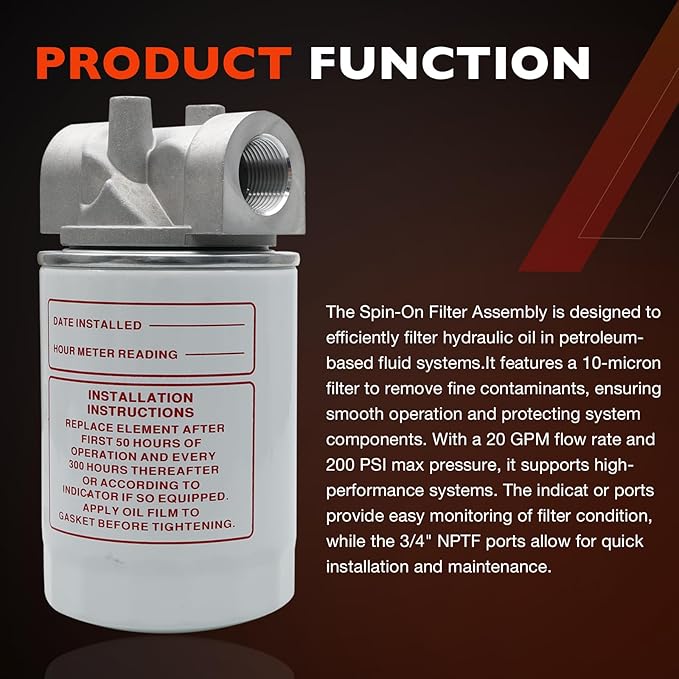 Spin-On Hydraulic Oil Filter Assembly 10 Micron with 3/4" NPT, Hydraulic Return Line Filter Housing for Petroleum-Based Fluids, 20 GPM, 200 PSI, Model 221006 Kit
