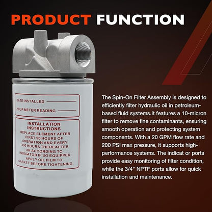 Spin-On Hydraulic Oil Filter Assembly 10 Micron with 3/4" NPT, Hydraulic Return Line Filter Housing for Petroleum-Based Fluids, 20 GPM, 200 PSI, Model 221006 Kit