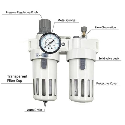 XingNEeng 1/2" NPT Compressed Air Filter Regulator Lubricator (FRL) Combo, Water/Oil Trap Separator, Air Pressure Regulator with Pressure Gauge(0-150 psi), Semi-Auto Drain, Poly Bowl, Metal Bracket