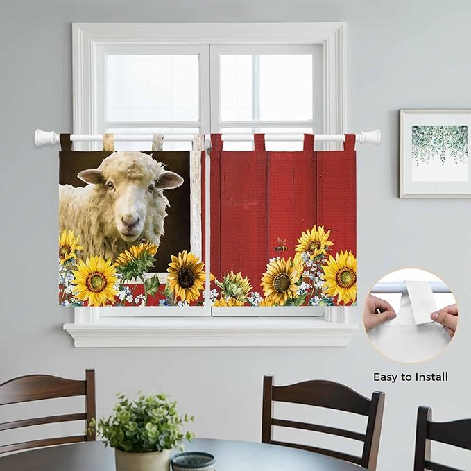 Sheep Flowers Kitchen Curtains 24 Inch Length, Small Window Curtains Tab Top, Country Red Barn Botanical Sunflowers Light Filtering Short Window Treatments Tier Drapes 27.5"x24" 2 Panel