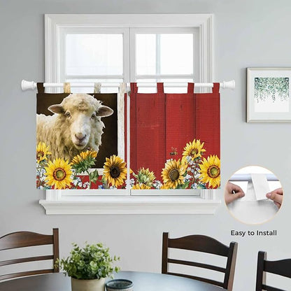 Sheep Flowers Kitchen Curtains 24 Inch Length, Small Window Curtains Tab Top, Country Red Barn Botanical Sunflowers Light Filtering Short Window Treatments Tier Drapes 27.5"x24" 2 Panel