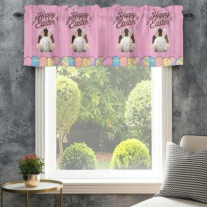 Pink Easter Curtain Valances for Windows, Kitchen Valance Window Treatment, Easter Bunny Eggs Spring Cartoon Farmhouse Wood Grain Light Filter Block Curtains for Bathroom/Bedroom/Living Room 42''x18''