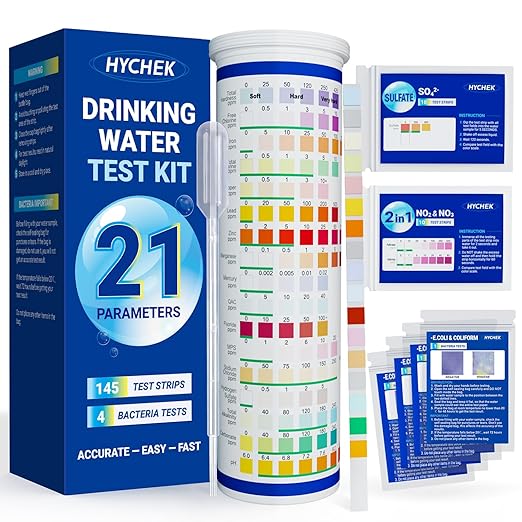 21 in 1 Accurate Drinking Water Testing Kits, 145 Strips + 4 Bacteria Tests, Well and Tap Water Test Kit, Home Test Strips for Lead, Fluoride, Chlorine, Hardness, pH, Iron, Copper, and More