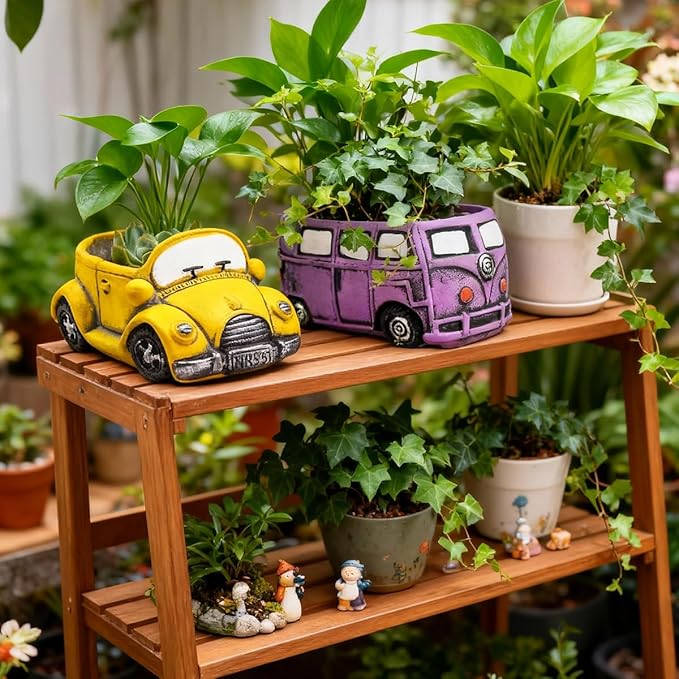 Cute Succulent Plants Pots, Small Planter Pots with Drainage Hole, Flower Pots for Home Indoor Outdoor Garden Decoration (Purple Bus)