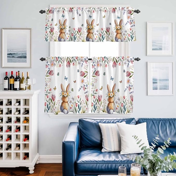 Kitchen Curtains Tiers and Valance Set of 3, Easter Light Filtering Window Curtain Set, Spring Flowers Wreath Rabbit Budding Florals Rod Pocket Curtain Drapes for Cafe, Living Room, 24 Inches Tiers