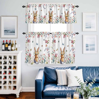 Kitchen Curtains Tiers and Valance Set of 3, Easter Light Filtering Window Curtain Set, Spring Flowers Wreath Rabbit Budding Florals Rod Pocket Curtain Drapes for Cafe, Living Room, 24 Inches Tiers