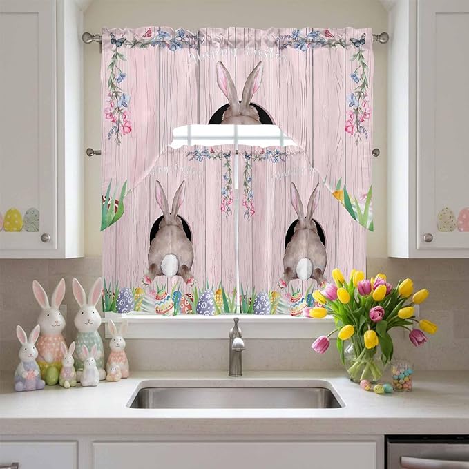 Swag Valance Curtains, Easter Cute Rabbit and Colorful Eggs Rod Pocket Valances Swag Topper for Kitchen Windows, Pink Farm Wooden Barn Light Filtering Short Curtain for Bedroom Bathroom 56x36In