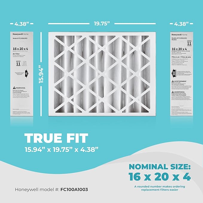 16x20x4 Air Filter Replacement MERV 11, FC100A1003 Pleated HVAC AC Furnace Filters with Wholesalehome Cleaning Cloth, (Actual Size: 15.94 x 19.75 x 4.38 Inches)
