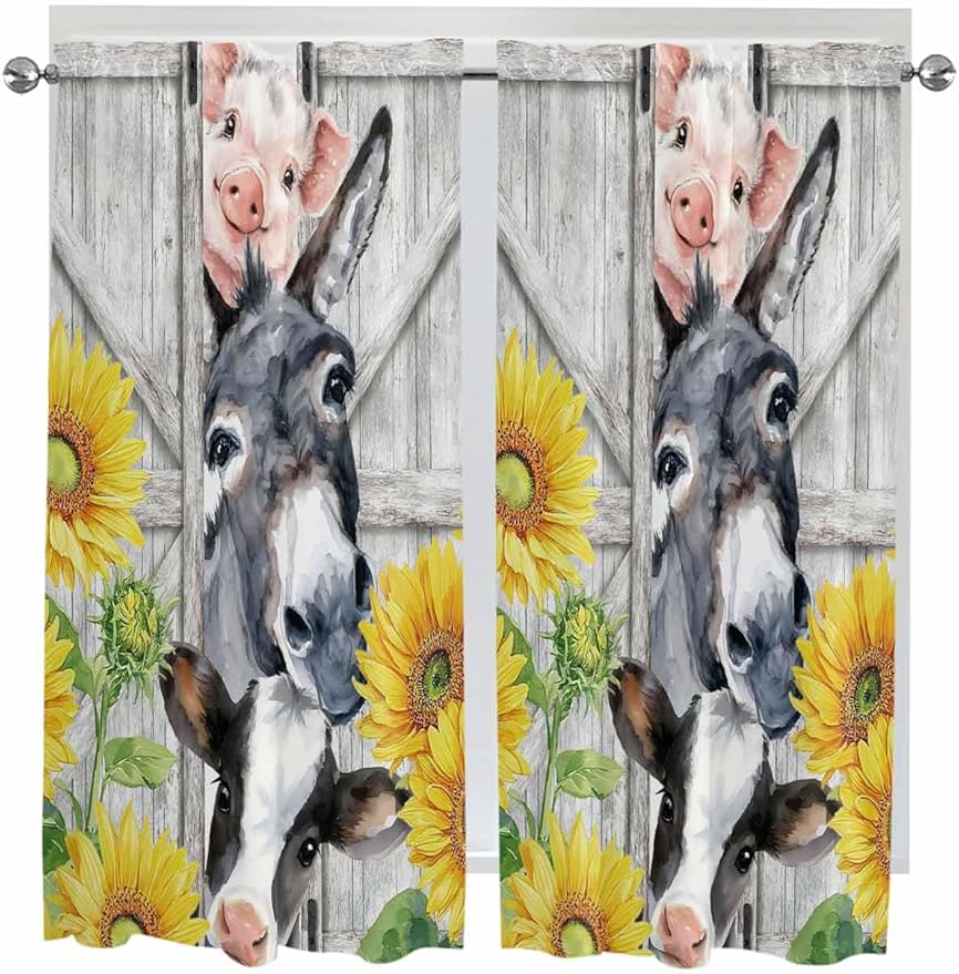 Farmhouse Bedroom Curtains 63 Inches length, Watercolor Sunflowers Animals Printed Wood Grain Window Treatment Curtain Drapes, Rod Pocket Curtain Panels for Living Room Kitchen, 42"x63", 2 Panels