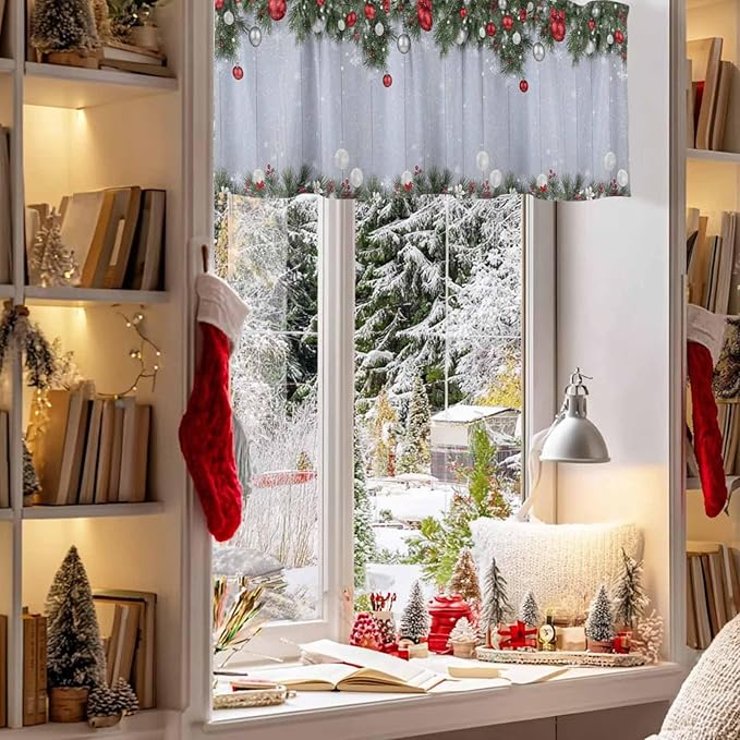 Christmas Curtain Valances for Windows, Kitchen Valance Window Treatment, Winter Xmas Balls Pine Branches Wooden Grain Light Filtering Block Curtains for Bathroom/Bedroom/Living Room 54'' x 18''