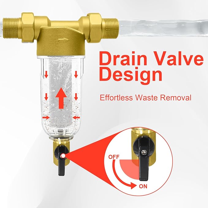 Spin Down Sediment Filter, Inline Water Filter for Home Well Water, 40/100/200 Micron Whole House Prefilter Filtration System, 1" MNPT + 3/4" FNPT + 3/4"MNPT, Lead-Free Brass