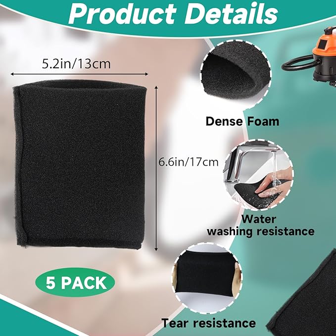 5 Pack VFF21 Foam Filters Fit for Vacmaster 2.5-5 Gallon Wet/Dry Vacs & Armor All 2.5 Gallon Vacs AA255, AA256, VOM205P 0901, 4 Gallon Vac VO408S 0901 - Replacement Filters