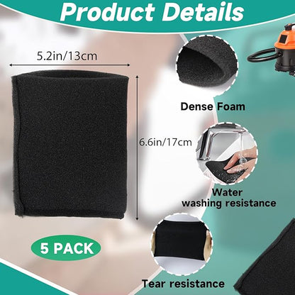 5 Pack VFF21 Foam Filters Fit for Vacmaster 2.5-5 Gallon Wet/Dry Vacs & Armor All 2.5 Gallon Vacs AA255, AA256, VOM205P 0901, 4 Gallon Vac VO408S 0901 - Replacement Filters