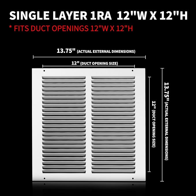 12x12 Return Air Grille(Duct Opening Size),Air Return Vent Cover,Flat Vent Cover,Rejillas De Aire Acondicionado para Casa,Return Air Grilles,Outer Dimensions:13.75"Wx13.75"H(12"Wx12"H, Duct Opening)