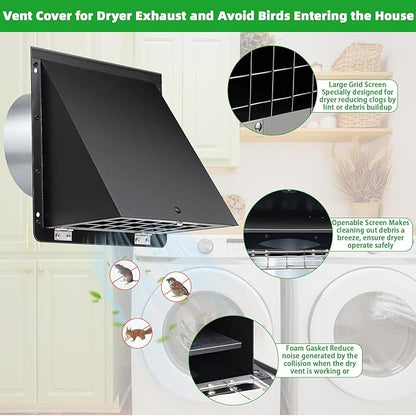 3 Inch Dryer Vent Cover Outside with Mesh & Cushioned Flap,Metal Wall Vent Exhaust Vent Cover,Exterior Dryer Vent Hood Wall Mount Extractor Vent,Outdoor Dryer Vent Cover for Laundry AC Air Vents-Black