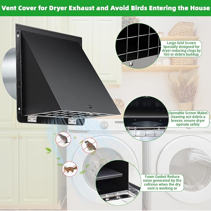 6 Inch Hooded Wall Vent with Mesh and Damper,6'' Exhaust Vent Cover,6in Dryer Vent Cover Outside Metal Wall Exhaust Duct Cap for Kitchen Range Hood/Bathroom Exhaust/Laundry-Galvanized Steel,Black