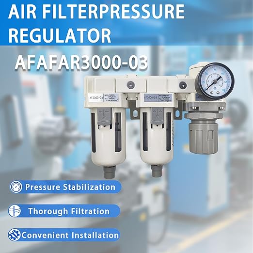 XingNEeng 3/8" NPT Compressed Air Filter Regulator Lubricator (FRL) Combo, Water/Oil Trap Separator, Air Pressure Regulator with Pressure Gauge(0-150 psi), Semi-Auto Drain, Poly Bowl, Metal Bracket