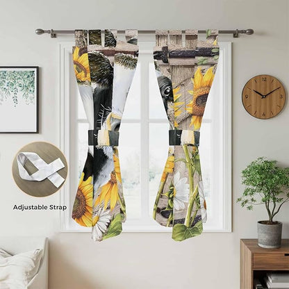 Retro Farmhouse Flower Living Room Curtains 84 Inch Length, Window Curtains Tab Top, Yellow Sunflowers Cow Barn Doors Brown Light Filtering Window Treatments Drapes 42"x84" 2 Panel
