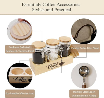 Glass Coffee Canister Set with Shelf & Spoons - 3 Piece Airtight Seal Coffee Bean Storage Containers & Filter Holder for Kitchen Organization